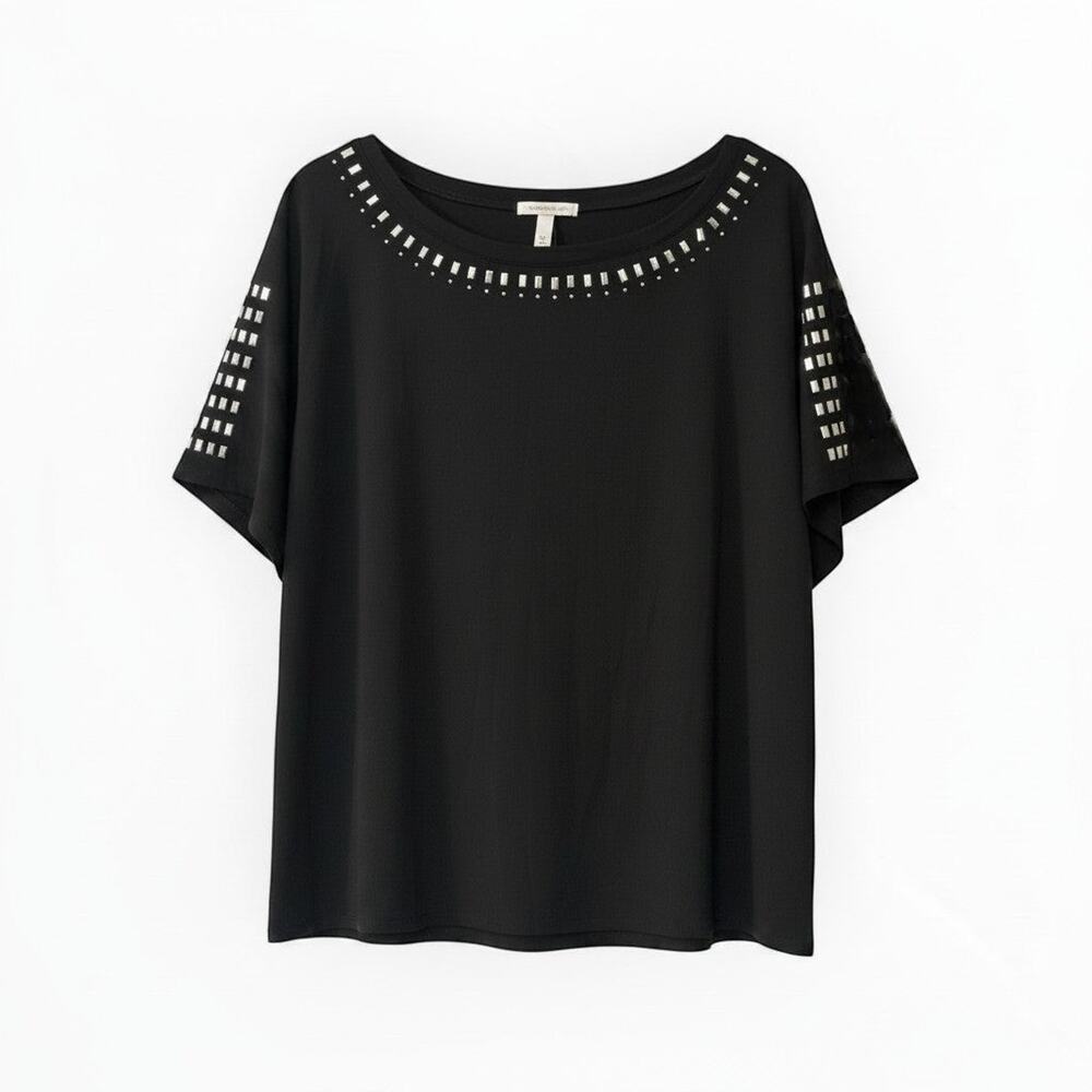 NY Collection Women's Black Embellished Neckline Short Sleeve Top